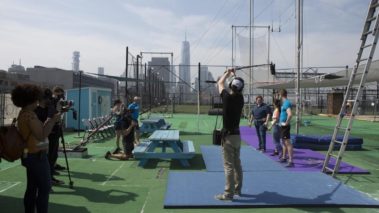 Travel Channel, Man v. NYC, Behind the Scenes, Casey Webb from man vs food and Vivian Chan from food network battle it out to see who knows NYC best. Branded content.Production services, original content, filming and editing, CaveLight Films. World Trade Center. Pier 40. Fun. Filming trapeze.